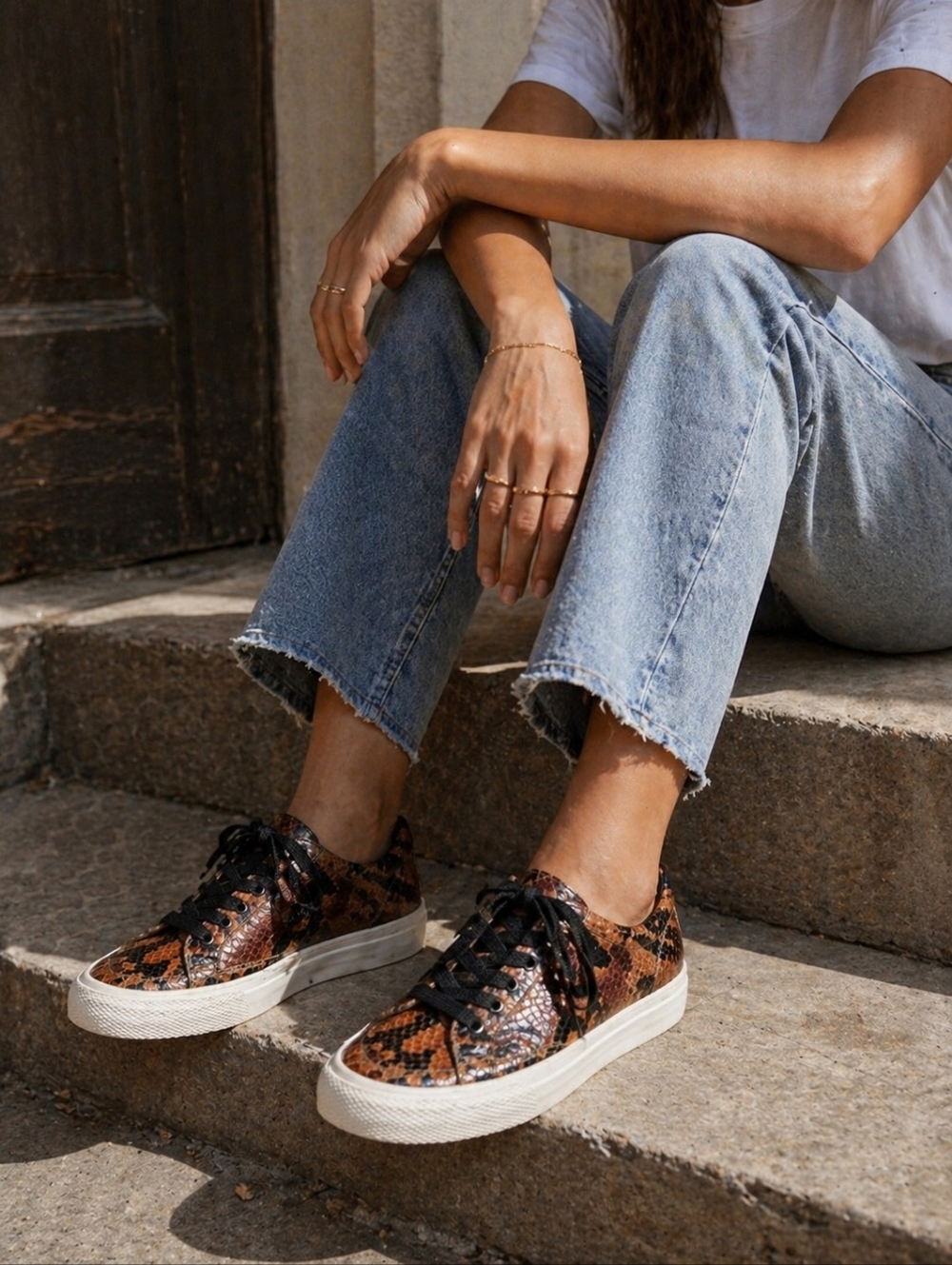 Rag & Bone Army Sneakers Women 37 US 7 Brown Snake Print Leather Low Top Lace